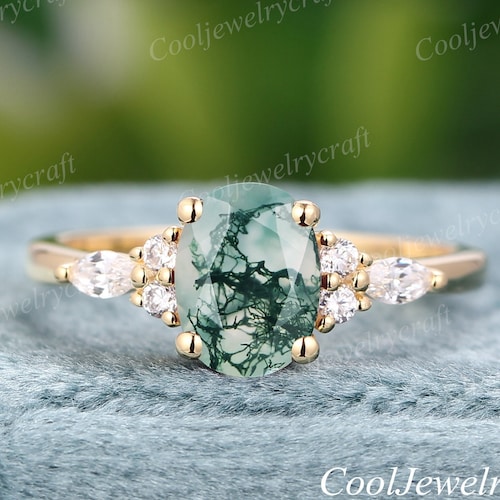 Moss Agate Engagement Ring 14k Gold Unique Oval Engagement Etsy