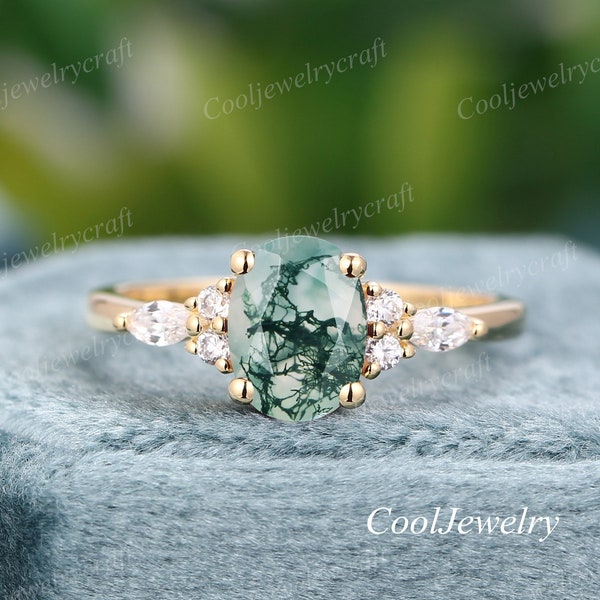 Moss Agate engagement ring 14k gold unique oval engagement ring women vintage Cluster Marquise cut Diamond Moissanite wedding Ring promise