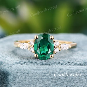 Emerald Engagement Ring Oval Vintage 14k Gold Ring Cluster Marquise Diamond / Moissanite Wedding Ring Bridal Promise Ring Anniversary Ring