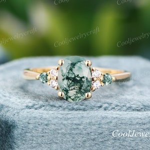 Moss Agate engagement ring 14k gold unique oval cut engagement ring vintage Cluster Moissanite wedding Ring Anniversary promise ring for her