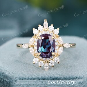 Alexandrite Engagement Ring Oval shaped art deco solid Gold Ring Vintage Marquise Moissanite / Diamond Ring wedding Bridal ring Promise ring