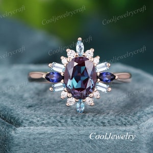 Unique Alexandrite Engagement Ring Oval Art Deco Marquise Moissanite Lab Sapphire Ring 14k Gold wedding ring Bridal Promise ring Anniversary