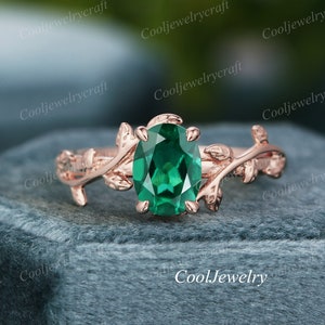 Emerald Engagement Ring Nature Inspired Leaf Ring Oval Cut Rose Gold Alternative green emerald ring vintage wedding ring bridal promise ring