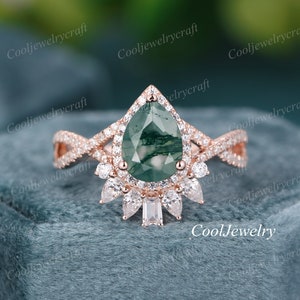 Moss agate Engagement Ring Pear Shape Rose Gold Unique Engagement Ring Vintage Moissanite Diamond Wedding Ring Crossover Bridal Promise Ring