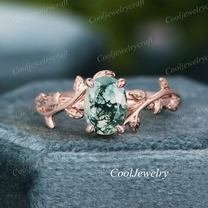 Natural Moss Agate Engagement Ring oval Rose Gold art deco Nature Inspired Leaf Ring Alternative Engagement Ring Women wedding Anniversary