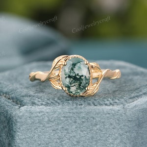 Vintage Moss Agate Engagement Ring solid Gold Ring art deco Nature Inspired Leaf Ring wedding ring bridal Promise ring for women Anniversary