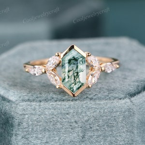 Hexagon cut Moss Agate engagement ring Vintage 14K gold Ring unique Cluster Marquise moissanite diamond wedding ring bridal ring Anniversary
