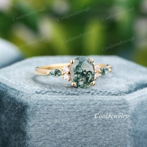 Moss Agate engagement ring 14k gold unique oval engagement ring vintage Cluster Marquise Diamond Moissanite wedding Ring promise ring women image 7
