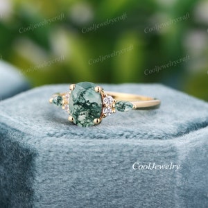 Moss Agate engagement ring 14k gold unique oval engagement ring vintage Cluster Marquise Diamond Moissanite wedding Ring promise ring women image 8
