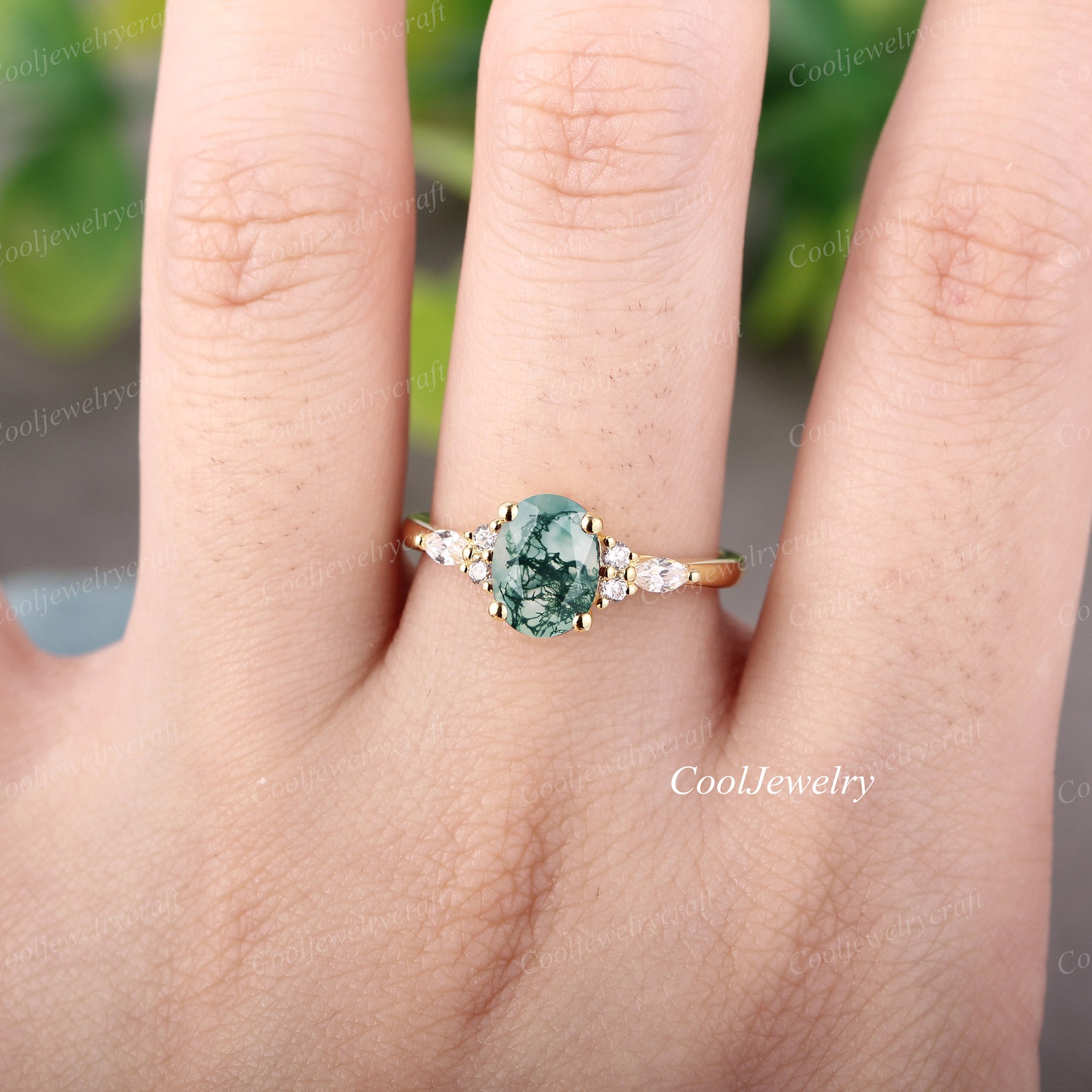 Moss Agate Engagement Ring 14k Gold Unique Oval Engagement Etsy