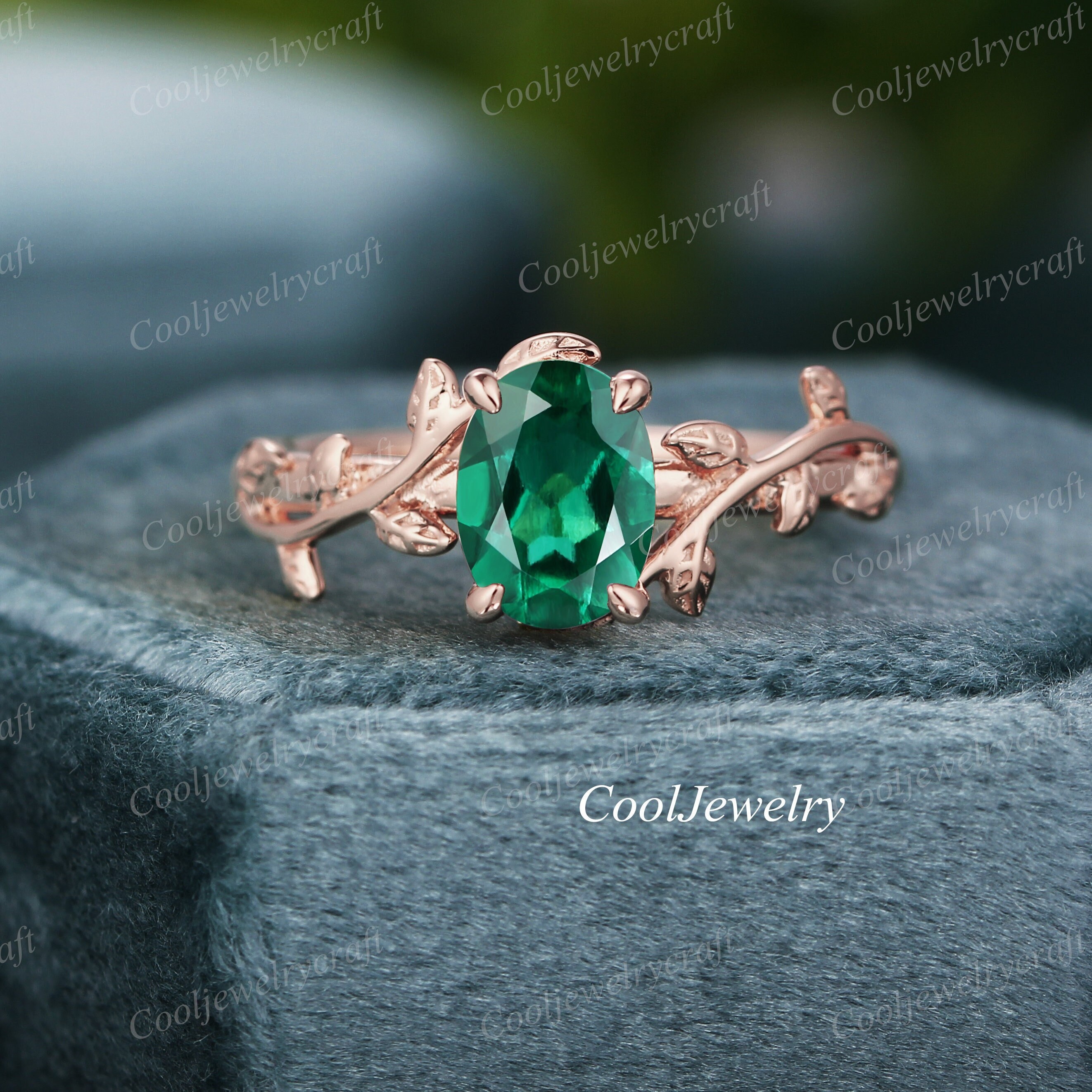 Emerald Engagement Ring Nature Inspired Leaf Ring Oval Cut Rose Gold Alternative Green Emerald Ring Vintage Wedding Ring Bridal Promise Ring