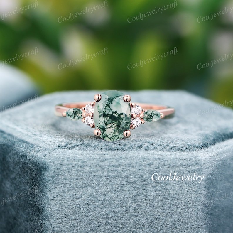 Moss Agate engagement ring 14k gold unique oval engagement ring vintage Cluster Marquise Diamond Moissanite wedding Ring promise ring women image 10