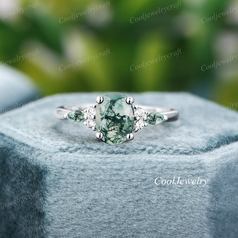 Moss Agate anillo de compromiso 14k oro único anillo de compromiso ovalado vintage Cluster Marquise Diamond Moissanite anillo de boda anillo de promesa mujeres imagen 1