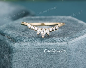 Moissanit Hochzeitsband massiv rosegold gewölbt Ehering Vintage Unikat Marquise Diamant Ehering Frauen Versprechen Ring Jubiläumsband