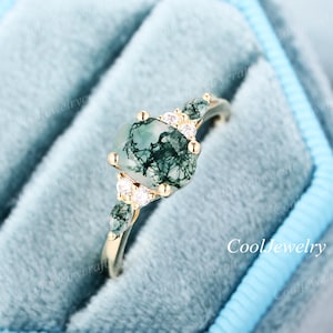 Moss Agate engagement ring 14k gold unique oval engagement ring vintage Cluster Marquise Diamond Moissanite wedding Ring promise ring women image 4
