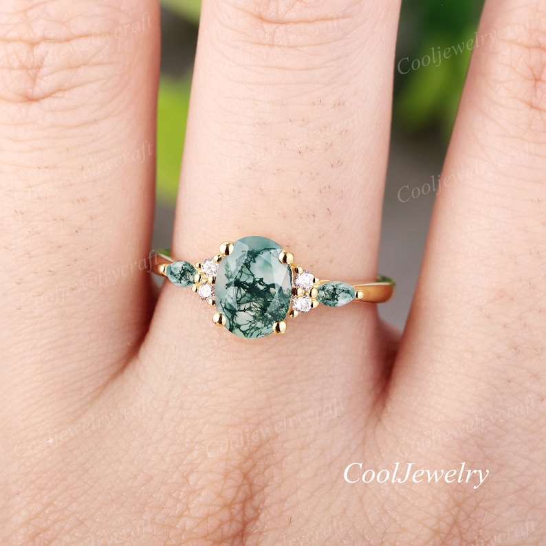 Moss Agate engagement ring 14k gold unique oval engagement ring vintage Cluster Marquise Diamond Moissanite wedding Ring promise ring women image 6
