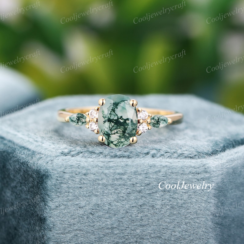 Moss Agate engagement ring 14k gold unique oval engagement ring vintage Cluster Marquise Diamond Moissanite wedding Ring promise ring women image 3