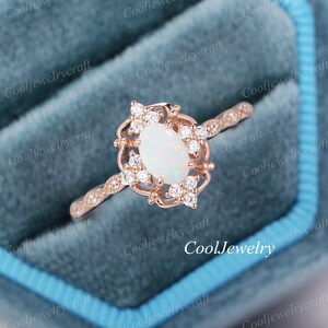 Natural Oval Opal Engagement Ring Antique Diamond Moissanite Bridal ring Unique Rose gold Milgrain ring Art deco Anniversary ring Promise