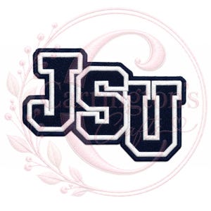 May include: An embroidered patch featuring the letters JSU in a bold, collegiate-style font. The letters are dark navy blue with a thick, white stitched border, creating a high-contrast, layered appearance suitable for application onto fabric.