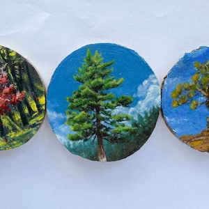 Wood Slice Art - Original Acrylic Paintings - Tiny Trees - Rustic Home Wall Decor