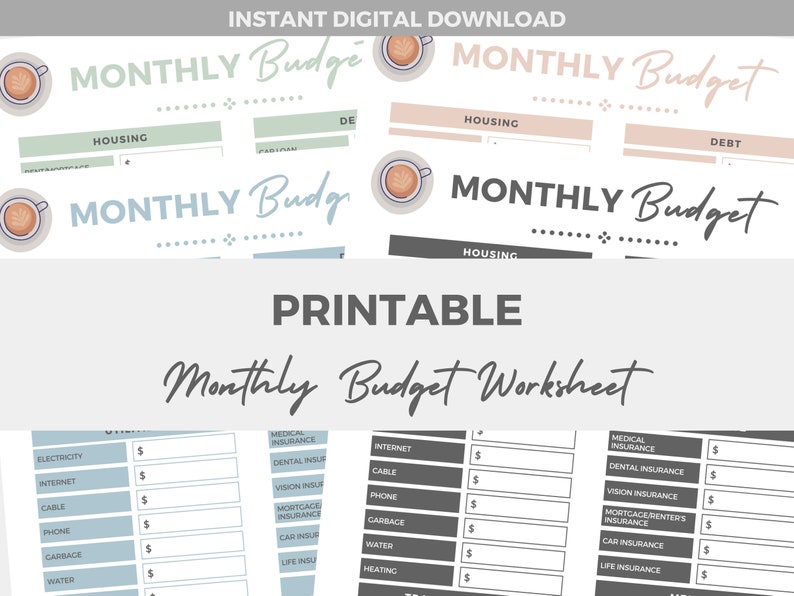 PRINTABLE Monthly Budget Worksheet // Digital Download // Budget ...