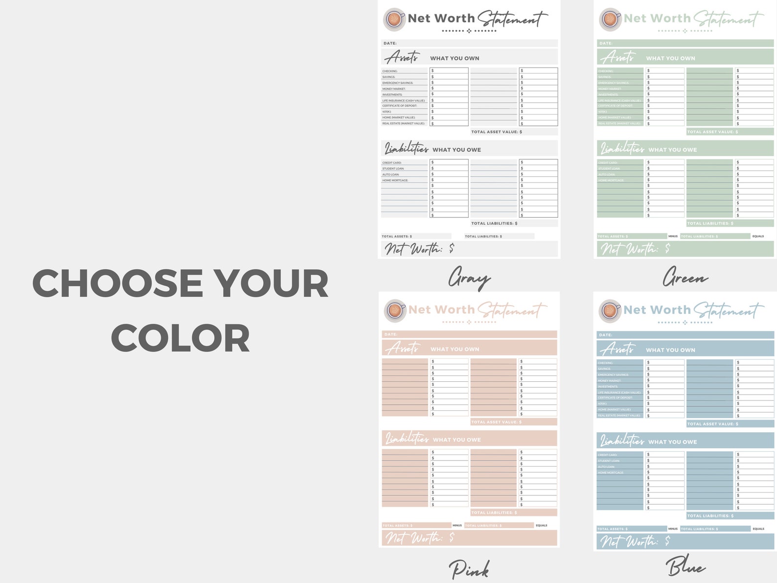 PRINTABLE Net Worth Statement // Digital Download // Budget - Etsy