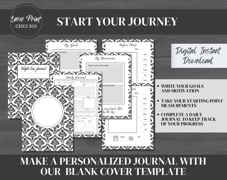 Black and White Printable Simple Weight Loss Journal, Daily Motivation ...