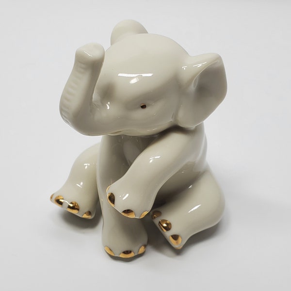Vintage Lenox Bone China Baby Miniature Elephant Lucky Cream White Gold Trim on Nails and Eyes Figurine