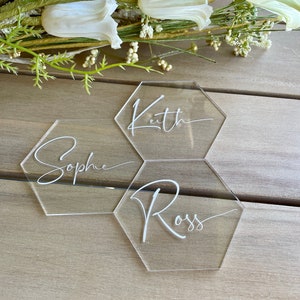 Personalised Hexagon Acrylic Place Cards | Acrylic Hexagon Name Cards | Wedding Decor | Party Favours | Event Seating | Table Setting Cards