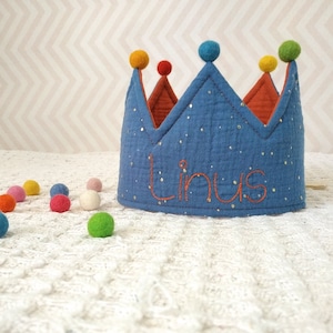 Corona in tessuto di mussola con nome e pois dorati, corona per bambini in cotone, corona per compleanno personalizzabile, corona ricamata