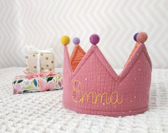 Birthday crown made of muslin with name and gold dots, fabric crown made of cotton, children's crown customizable, embroidered crown