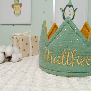 Birthday crown made of muslin with name and gold dots, fabric crown made of cotton, children's crown customizable, embroidered crown