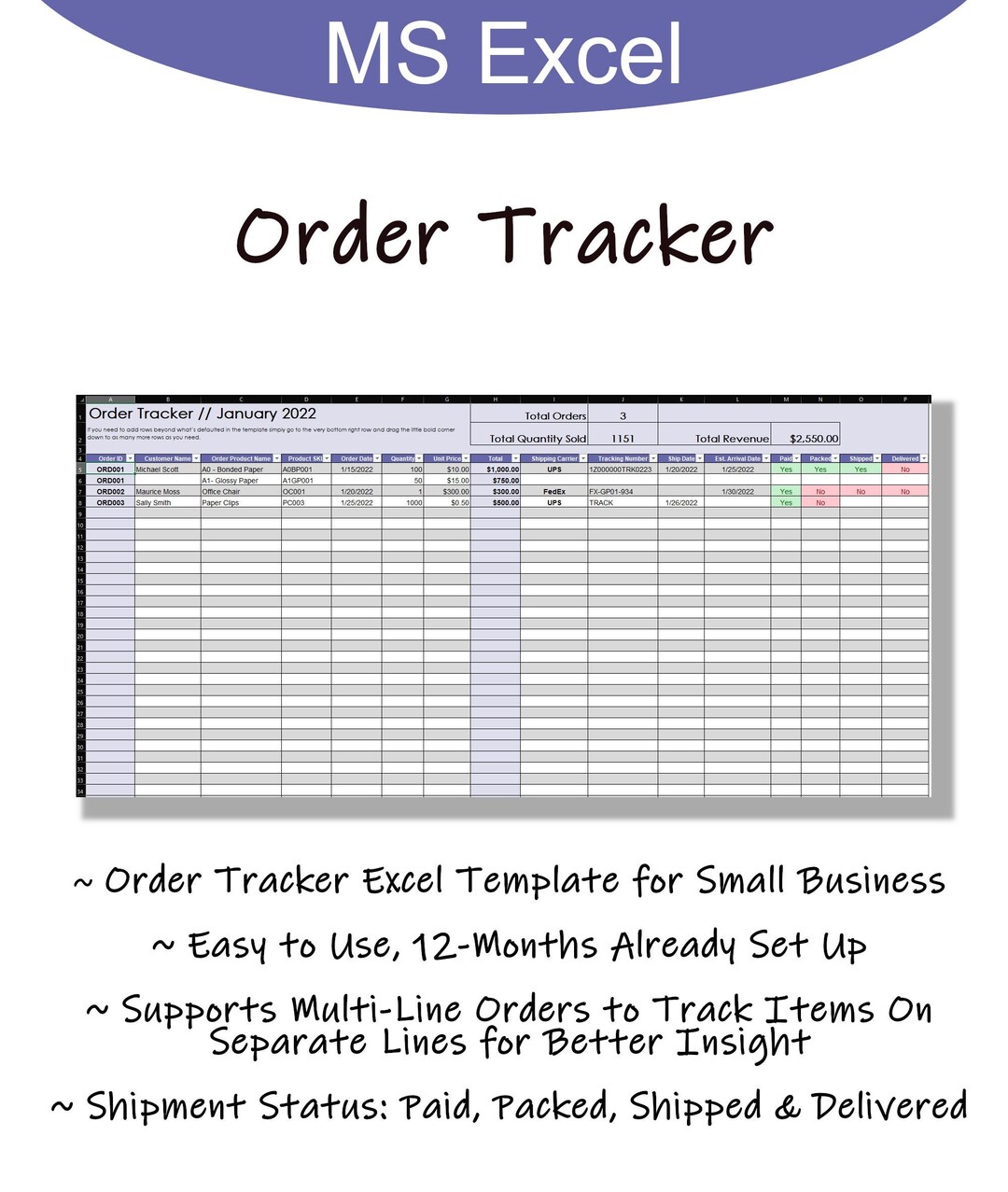 Simple Order Tracker Order Spreadsheet MS Excel Order Management 