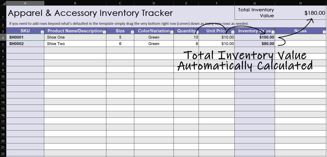 Apparel Inventory Tracker Excel Inventory Spreadsheet Etsy