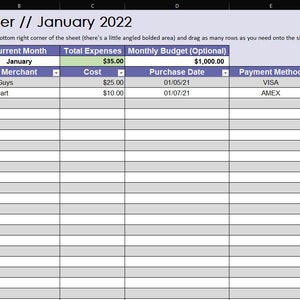 Pu&ograve; includere: Un foglio di calcolo per tenere traccia delle spese a gennaio 2022. Il foglio di calcolo include colonne per il nome dell'articolo, il venditore, il costo, la data di acquisto, il metodo di pagamento e le note. Le spese totali del mese sono di 35,00 &euro; e il budget mensile &egrave; di 1&nbsp;000,00 &euro;.