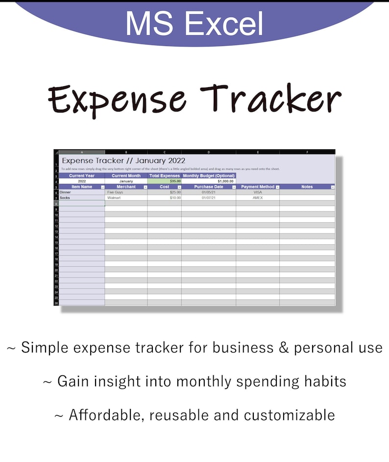 Pu&ograve; includere: Un modello di foglio di calcolo semplice per il monitoraggio delle spese per Microsoft Excel. Il foglio di calcolo &egrave; progettato per aiutare gli utenti a tenere traccia delle loro spese per il mese di gennaio 2022. Il foglio di calcolo include colonne per il nome dell'articolo, il commerciante, il costo, la data di acquisto, il metodo di pagamento e le note.