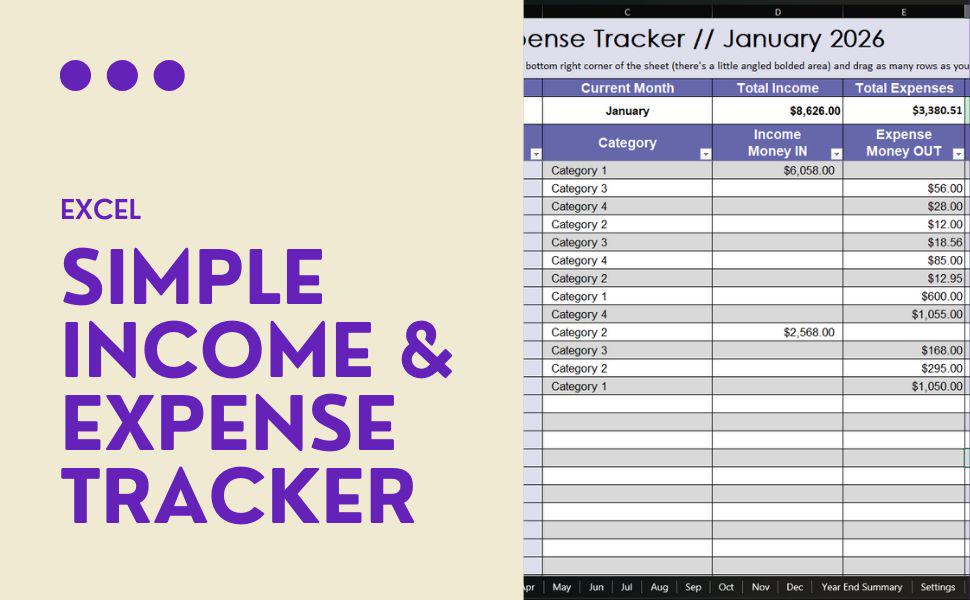 Simple Income and Expense Tracker: MS Excel Template (digital Download ...
