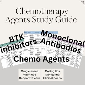 May include: A study guide for chemotherapy agents, with sections on BTK inhibitors, monoclonal antibodies, and chemo agents. The guide includes information on drug classes, warnings, supportive care, dosing tips, monitoring, and clinical pearls. It is designed to help medical professionals.