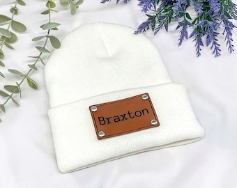 Leather Name Patch Beanies for Baby, Custom Newborn Baby Beanie with Name, Personalized Baby Knit Beanie, Baby Name Reveal, Baby Shower Gift