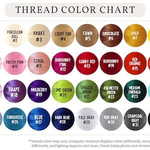 K&ouml;nnte beinhalten: Eine Garnfarbkarte mit 32 Farben, die in kreisf&ouml;rmigen Farbfeldern dargestellt werden. Die Farben reichen von Wei&szlig; bis Schwarz, mit Namen und Nummern. Der Text "THREAD COLOR CHART" steht oben. Ma&szlig;e sind nicht zutreffend.