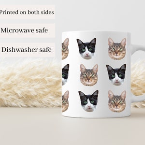 May include: White ceramic mug with a repeating pattern of cat faces. The cats have black, white, and brown fur. The mug is printed on both sides and is microwave and dishwasher safe.