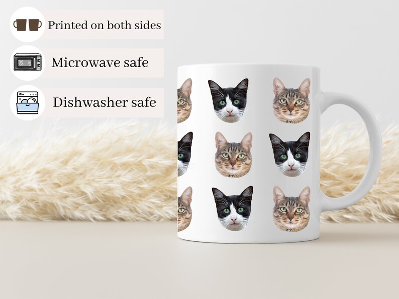 May include: White ceramic mug with a repeating pattern of cat faces. The cats have black, white, and brown fur. The mug is printed on both sides and is microwave and dishwasher safe.