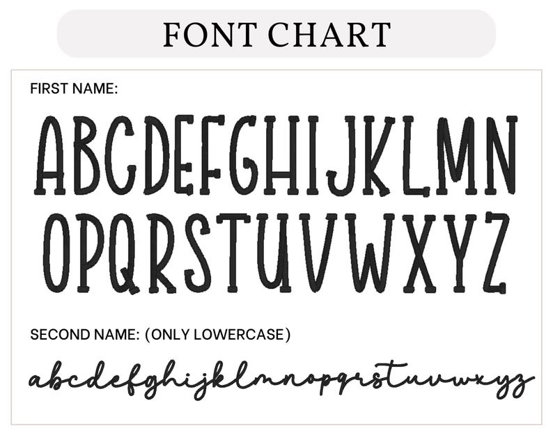 May include: A font chart displaying uppercase and lowercase alphabets. The uppercase letters are in a bold, sans-serif style, while the lowercase letters are in a cursive script. The text "FONT CHART" is at the top.