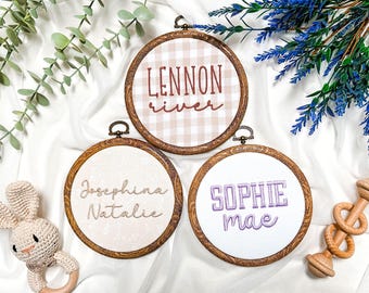 Embroidered Baby Name Sign, Personalized Birth Announcement, Infant Name Reveal, Nursery Decor Keepsake