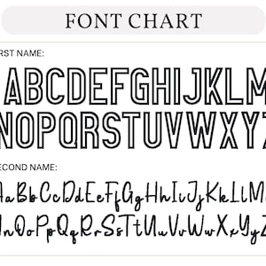 K&ouml;nnte beinhalten: Eine Schriftartentabelle auf wei&szlig;em Hintergrund mit der Aufschrift "FONT CHART". Sie zeigt Gro&szlig;- und Kleinbuchstaben in zwei verschiedenen Stilen. Der erste ist eine fette, umrandete Schriftart, der zweite eine Schreibschrift. Die Texte "FIRST NAME:" und "SECOND NAME:" sind ebenfalls sichtbar.