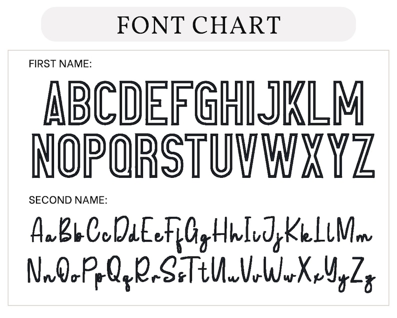 K&ouml;nnte beinhalten: Eine Schriftartentabelle auf wei&szlig;em Hintergrund mit der Aufschrift "FONT CHART". Sie zeigt Gro&szlig;- und Kleinbuchstaben in zwei verschiedenen Stilen. Der erste ist eine fette, umrandete Schriftart, der zweite eine Schreibschrift. Die Texte "FIRST NAME:" und "SECOND NAME:" sind ebenfalls sichtbar.