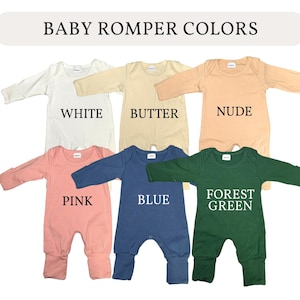 May include: A selection of baby rompers in various colors, including white, butter, nude, pink, blue, and forest green. Each romper is displayed with its color name underneath. The rompers are designed for infants and toddlers.