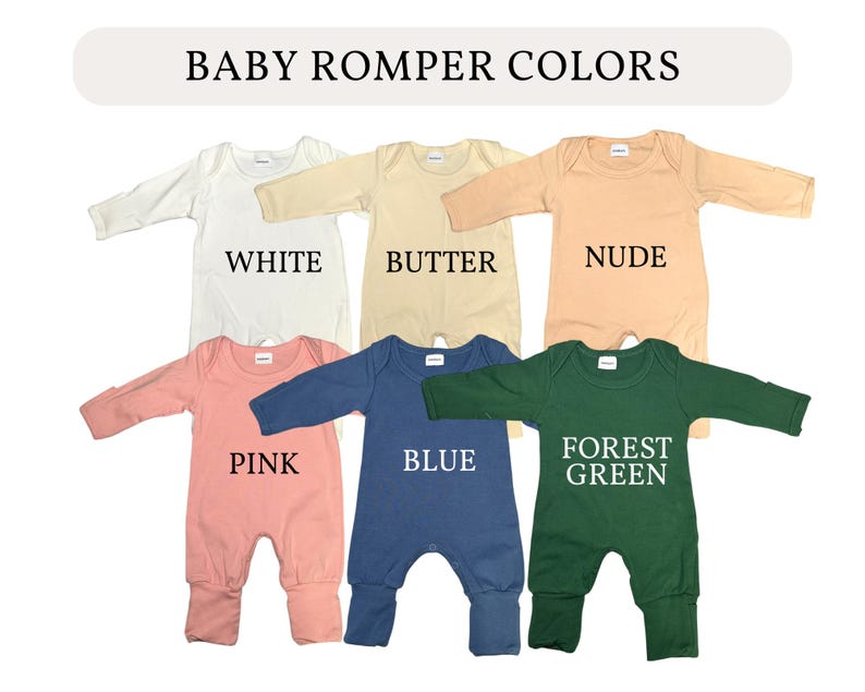May include: A selection of baby rompers in various colors, including white, butter, nude, pink, blue, and forest green. Each romper is displayed with its color name underneath. The rompers are designed for infants and toddlers.