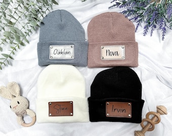 Personalized Baby Hat with Name, Custom Infant Beanie, Leather Patch Beanies for Baby, Customized Baby Knit Beanie, Unique Baby Shower Gift
