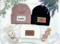 Personalized Baby Hat with Name, Custom Infant Beanie, Leather Patch Beanies for Baby, Customized Baby Knit Beanie, Unique Baby Shower Gift